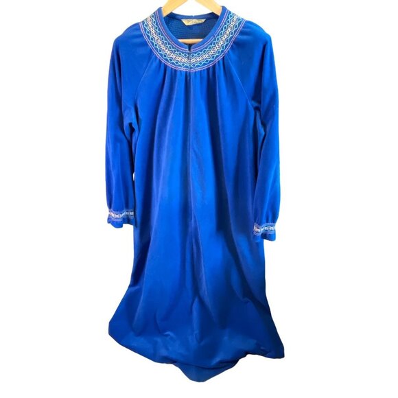 Vintage 80s Vanity Fair Royal Blue Full Zip Embroidered Collar Maxi Robe Sz L - Picture 1 of 9